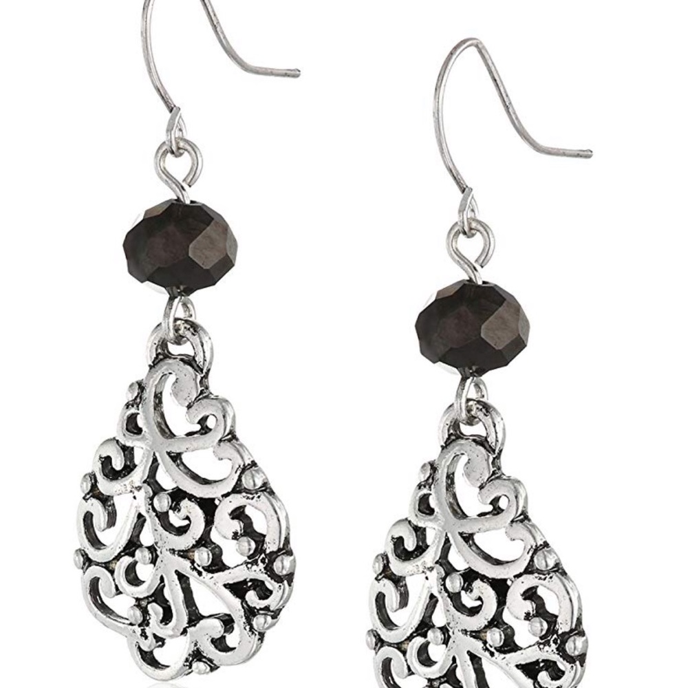 Silver-plated Earrings hematite filigree teardrop